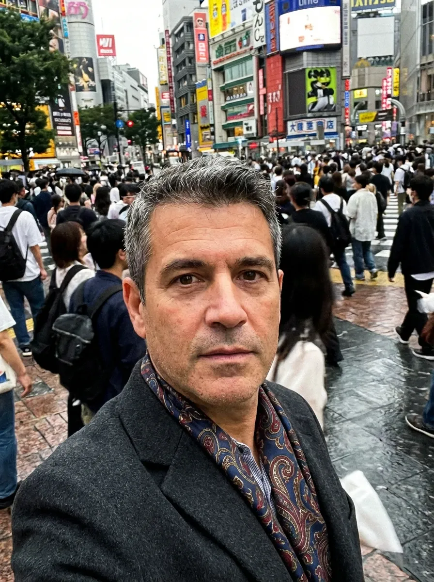 Original selfie input — man in a dark coat in a city street